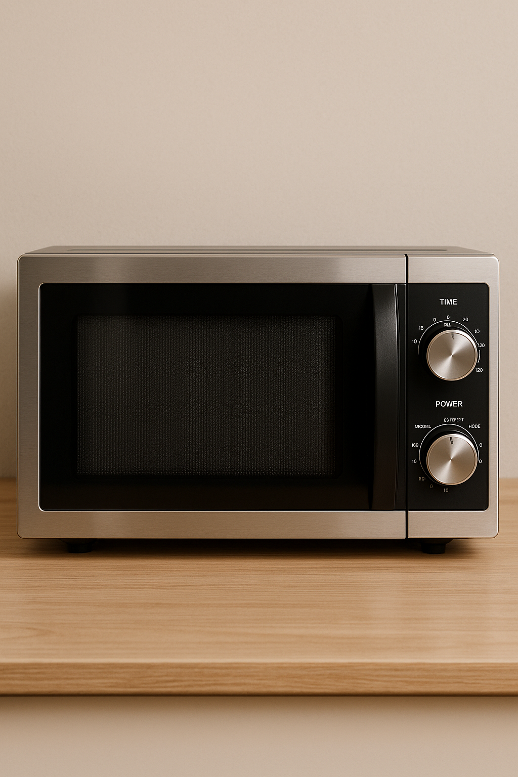 Modern stainless steel microwave oven placed on a kitchen countertop with digital display.