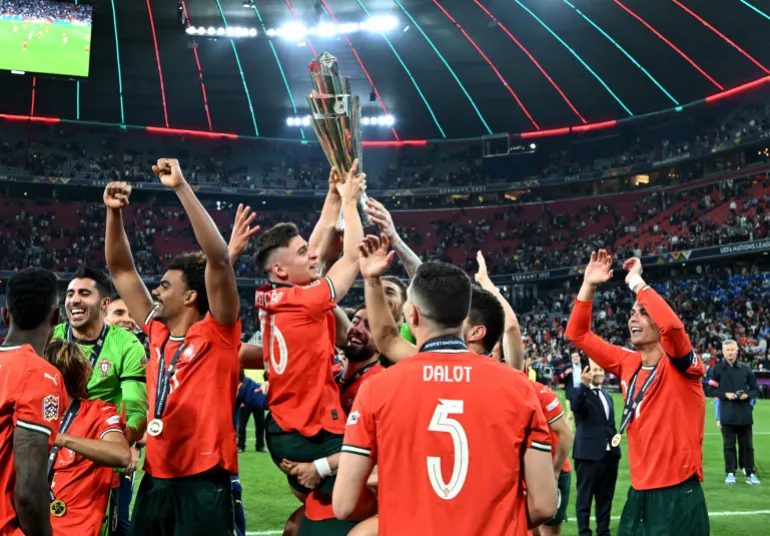 Portugal and Spain players react after the UEFA Nations League 2025 final