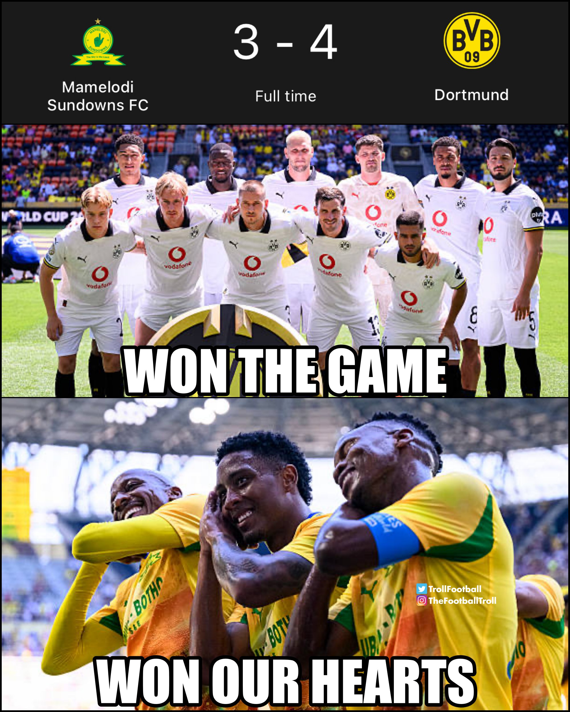 Troll Football meme showing Mamelodi Sundowns players with exaggerated reactions after a dramatic 4–3 loss to Borussia Dortmund in the 2025 FIFA Club World Cup